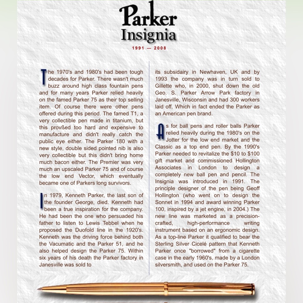 Parker Insignia Prestige Ballpoint Pen Gold Plated Ribbed Cicele Pattern - Picture 9 of 9